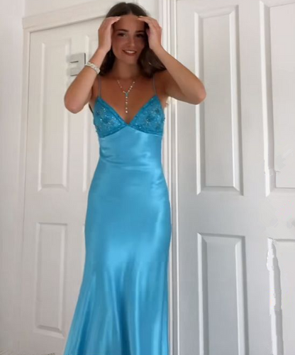 Elegant V-neck Spaghetti Memriad Long Prom Dress     cg25185