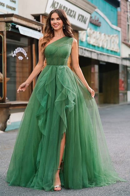 Dazzling Green One-Shoulder Layered Tulle Split Prom Dress LY0612