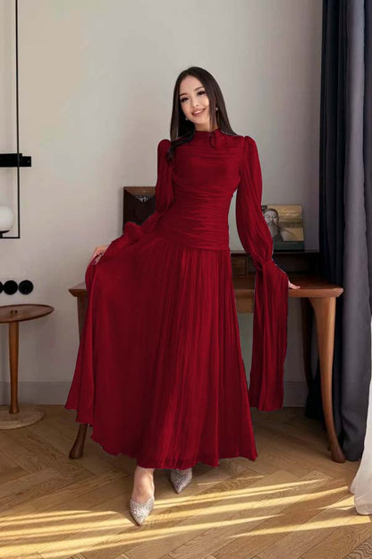 Playful Blue High-Neck Prom Dress Long Sleeves Pleated Floor Length CY0252