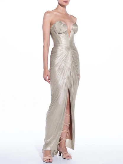 Charming Silver V Neck Sleeveless Pleated Split Prom Dress with Train | Zelldresses