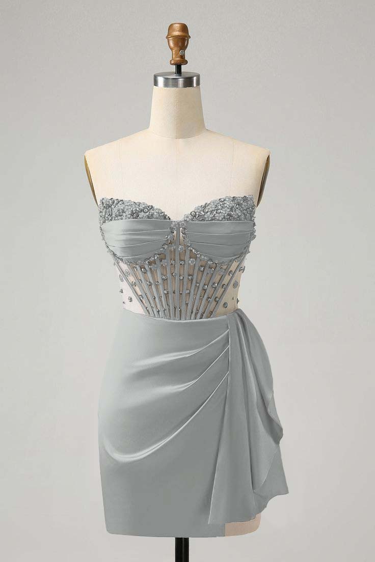 Strapless Sleeveless Pleated Short Homecoming Dress With Beading HC0131