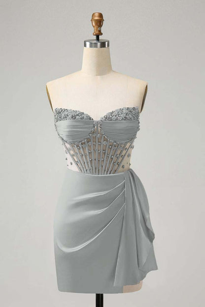 Strapless Sleeveless Pleated Short Homecoming Dress With Beading HC0131