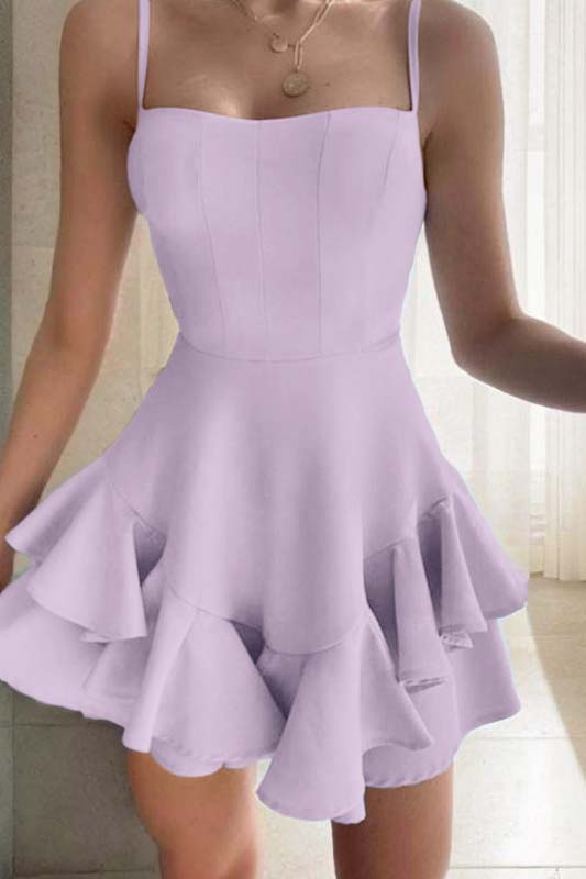 Slim Sky Blue Satin Spaghetti Strap Sleeveless Short Homecoming Dress With Ruffles HC0044