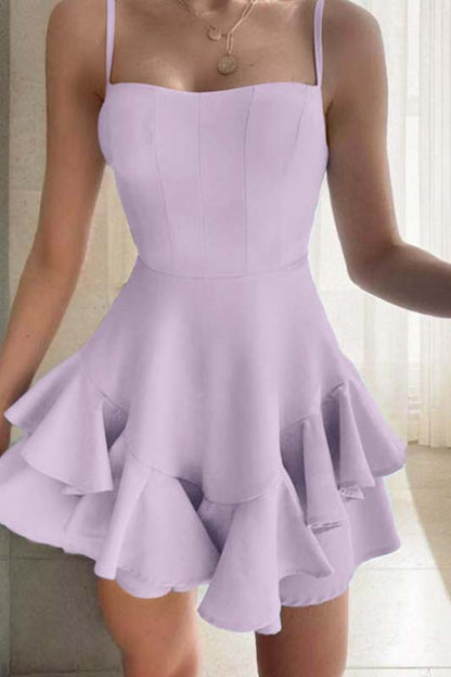 Slim Sky Blue Satin Spaghetti Strap Sleeveless Short Homecoming Dress With Ruffles HC0044