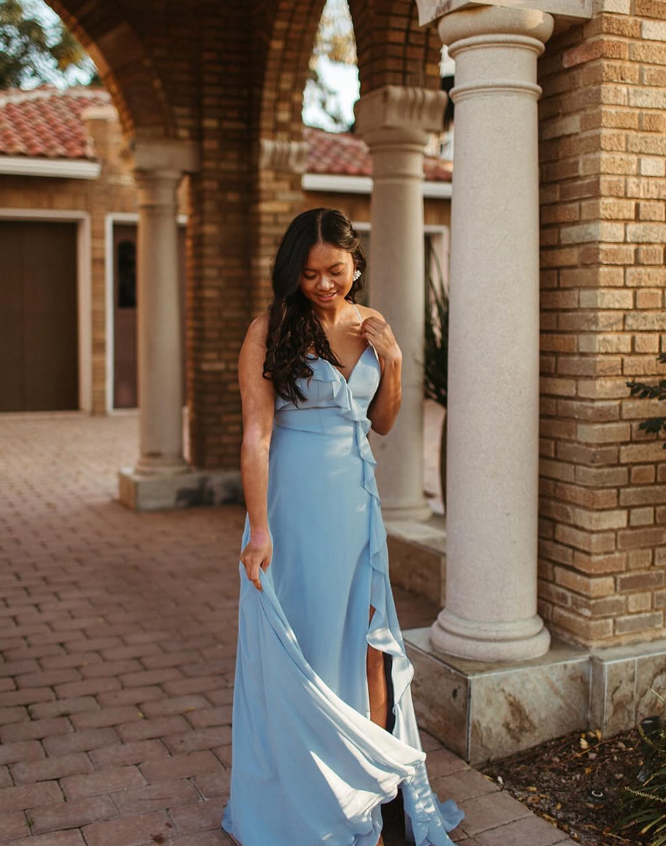 Gentle A Line Ruffle Blue Chiffon Evening Dress Bridesmaid Dress with Slit SH2703