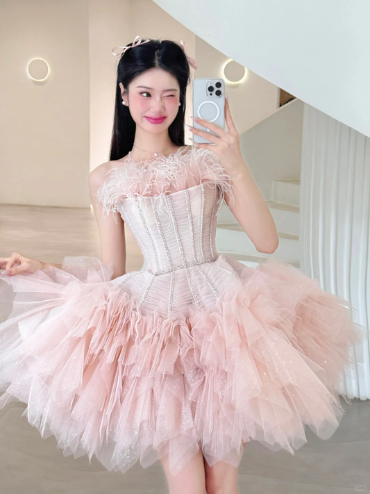 Cute A Line Strapless Corset Feather Pink Tulle Short Homecoming Dress Cocktail Dress SH2995