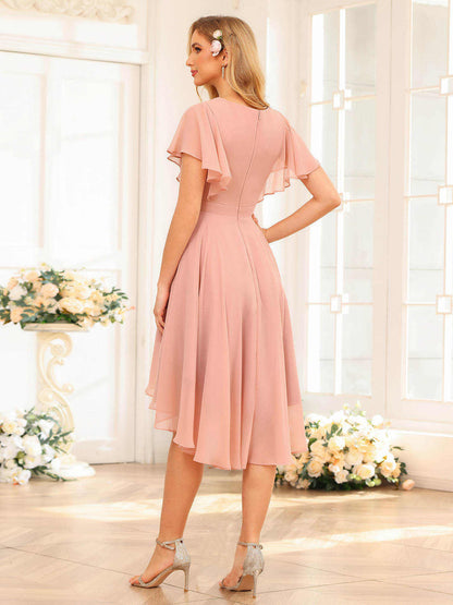 Simple Pink Chiffon V Neck Short Sleeves Pleated Short Bridesmaid Dress with Ruffles SE144