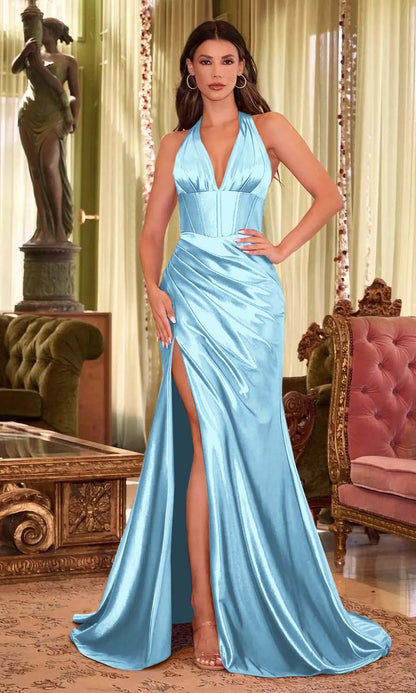 Halter Neck Sleeveless Long Mermaid Split Prom Dress With Pleated LY0640