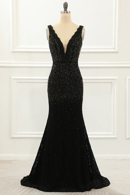Deep V Neck Lace Mermaid Black Prom Dress With Beading