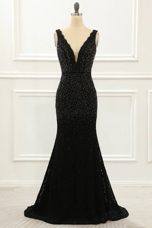 Deep V Neck Lace Mermaid Black Prom Dress With Beading