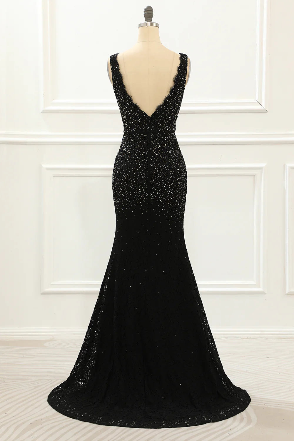 Deep V Neck Lace Mermaid Black Prom Dress With Beading