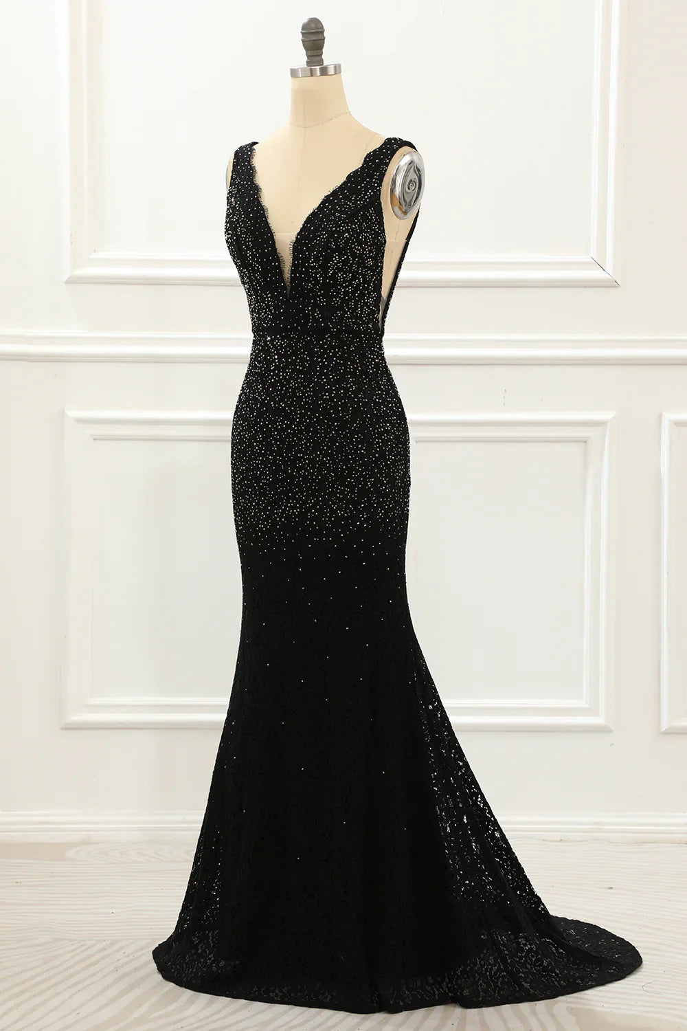 Deep V Neck Lace Mermaid Black Prom Dress With Beading