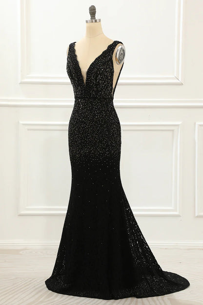 Deep V Neck Lace Mermaid Black Prom Dress With Beading