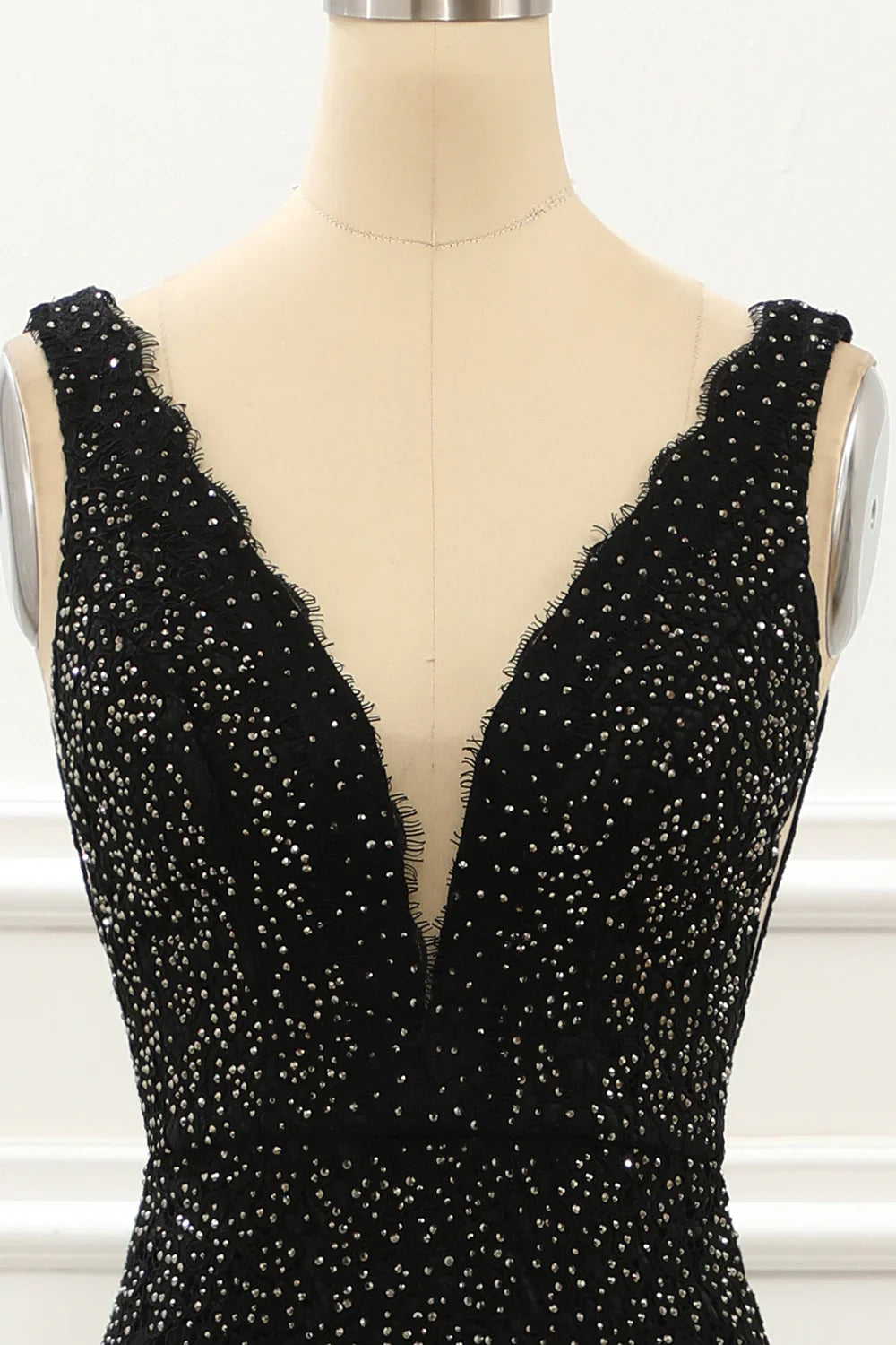 Deep V Neck Lace Mermaid Black Prom Dress With Beading