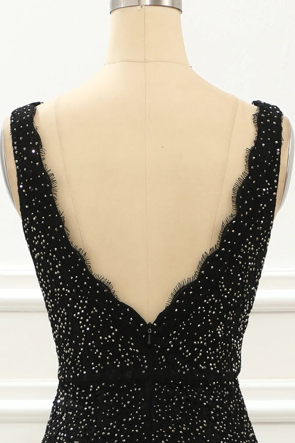 Deep V Neck Lace Mermaid Black Prom Dress With Beading