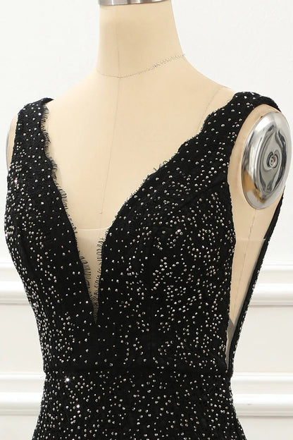 Deep V Neck Lace Mermaid Black Prom Dress With Beading