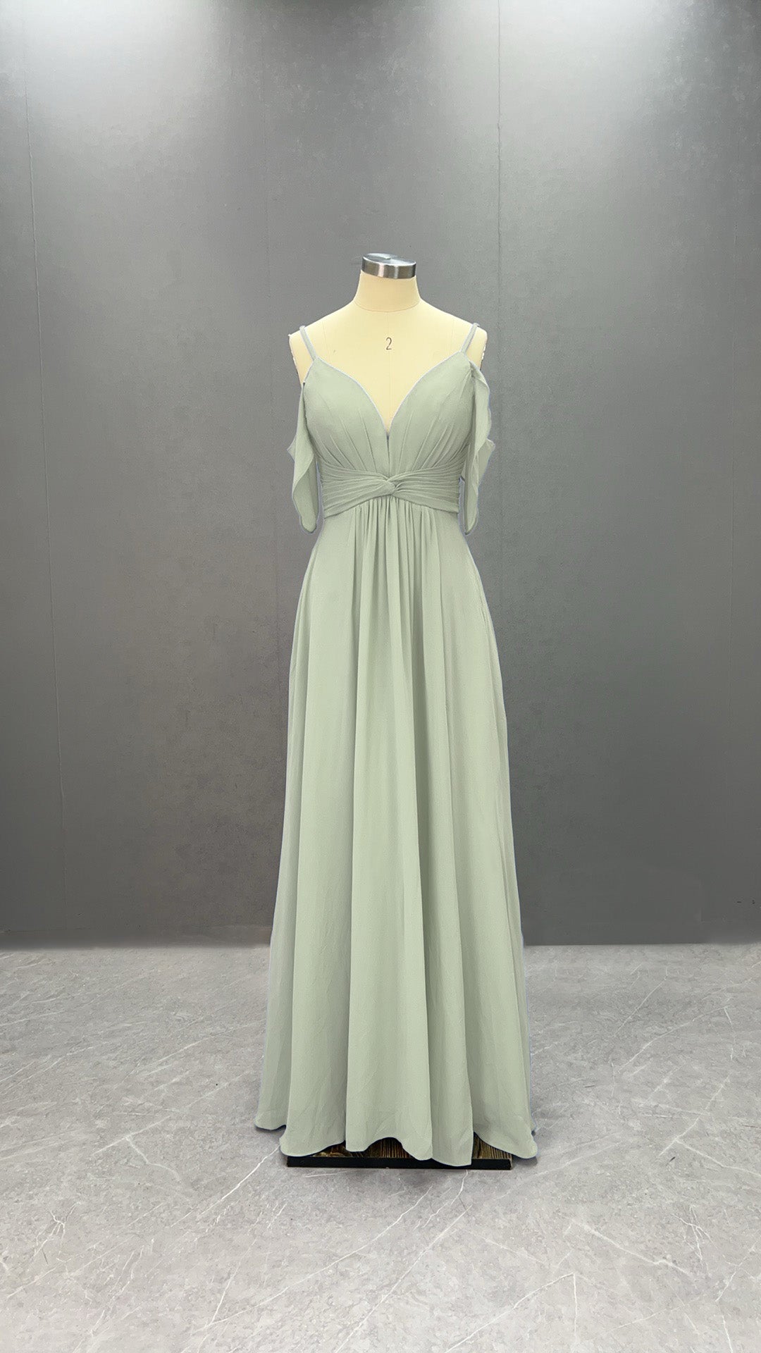 Hellodresses Elegant Spaghetti Straps Off-The-Shoulder Long Pleated Split Chiffon Bridesmaid Dress With Ruffles