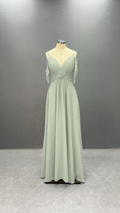 Hellodresses Elegant Spaghetti Straps Off-The-Shoulder Long Pleated Split Chiffon Bridesmaid Dress With Ruffles