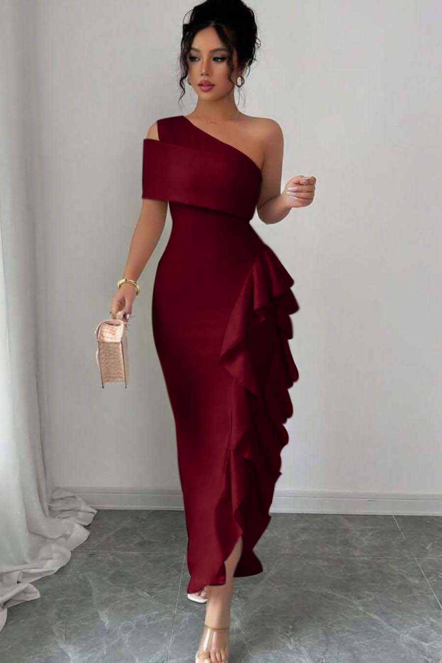 One Shoulder Sleeveless Long Split Prom Dress With Pleated Ruffles XJ0748
