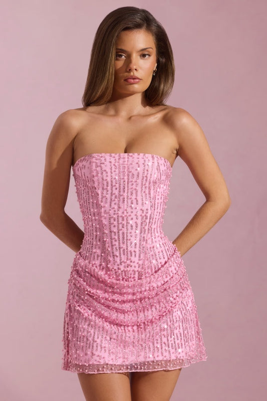 Fancy Pink Strapless Homecoming Dress Mini Sleeveless Pleated with Beaded CY0209
