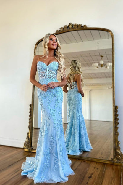 Baby Blue Prom Dress Long With Mermaid Appliques YL0116