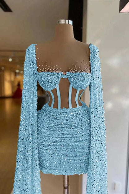 Hellodresses Sequins Square Long Sleeves Pleated Short Homecoming Dress With Beadings