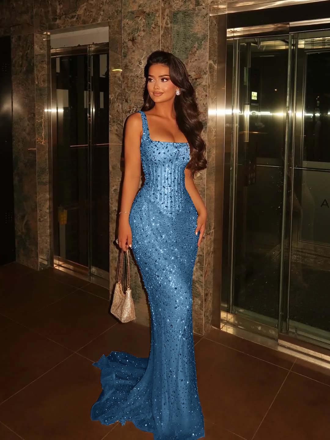 Lavish Square Sleeveless Beaded Mermaid Prom Dress YK0285
