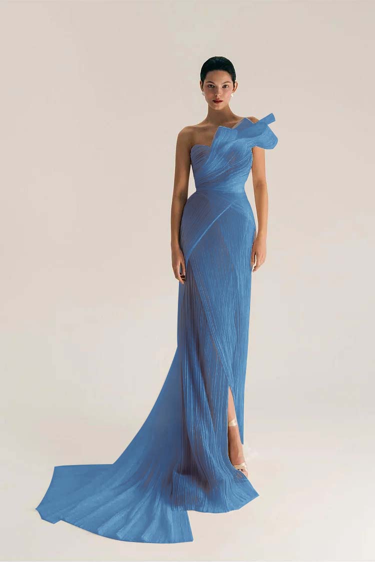 Chic One Shoulder Sleeveless Long Split Prom Dress With Pleated XJ0906
