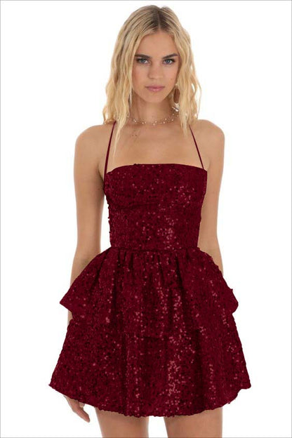 Champagne Sequins Halter Sleeveless Short Homecoming Dress with Ruffles HC0011