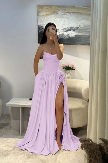 Elegant Pink Satin Strapless Beaded Sleeveless Pleated Split Prom Dress | Zelldresses