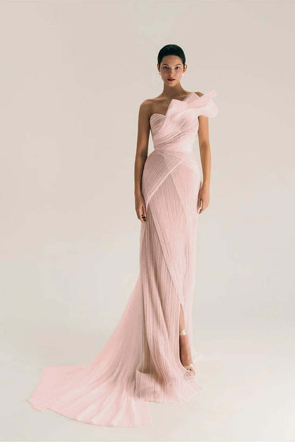 Chic One Shoulder Sleeveless Long Split Prom Dress With Pleated XJ0906