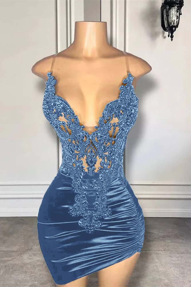 Hellodresses Black Spaghetti Strap Sleeveless Pleated Short Homecoming Dress With Appliques