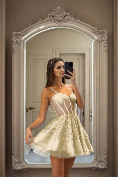 Hellodresses Sky Blue Spaghetti Strap Sweetheart Short Homecoming Dress With Sequins