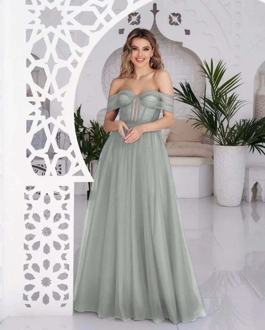 Hellodresses Tulle Off the Shoulder Sweetheart Sleeveless Royal Blue Prom Dress