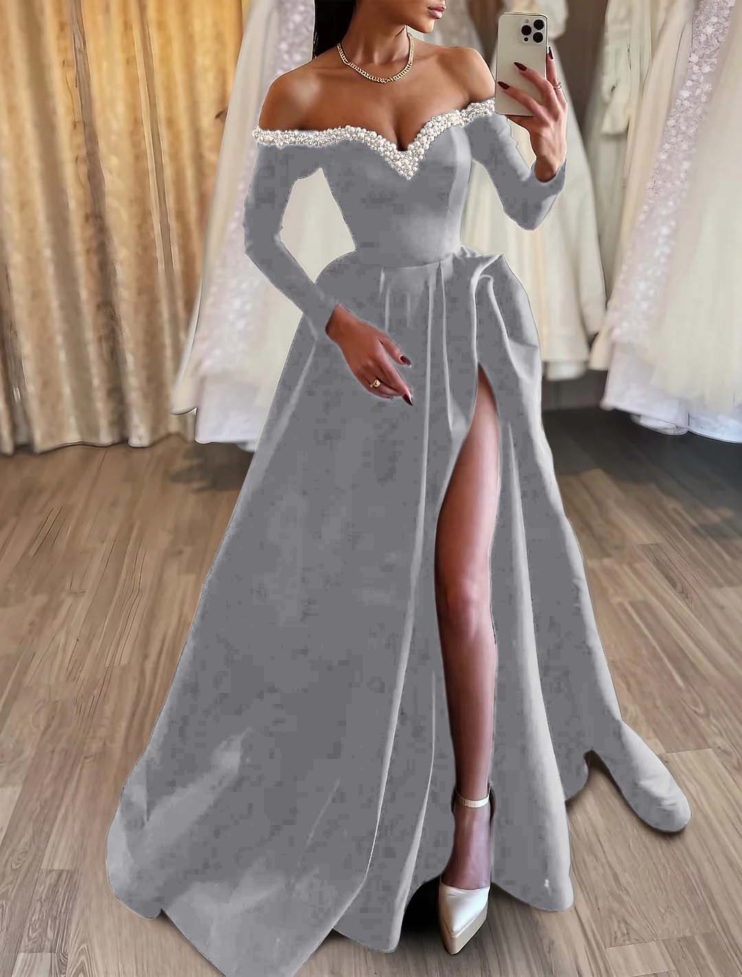 Black Prom Dress Long A Line Pleated High Slit YH0039