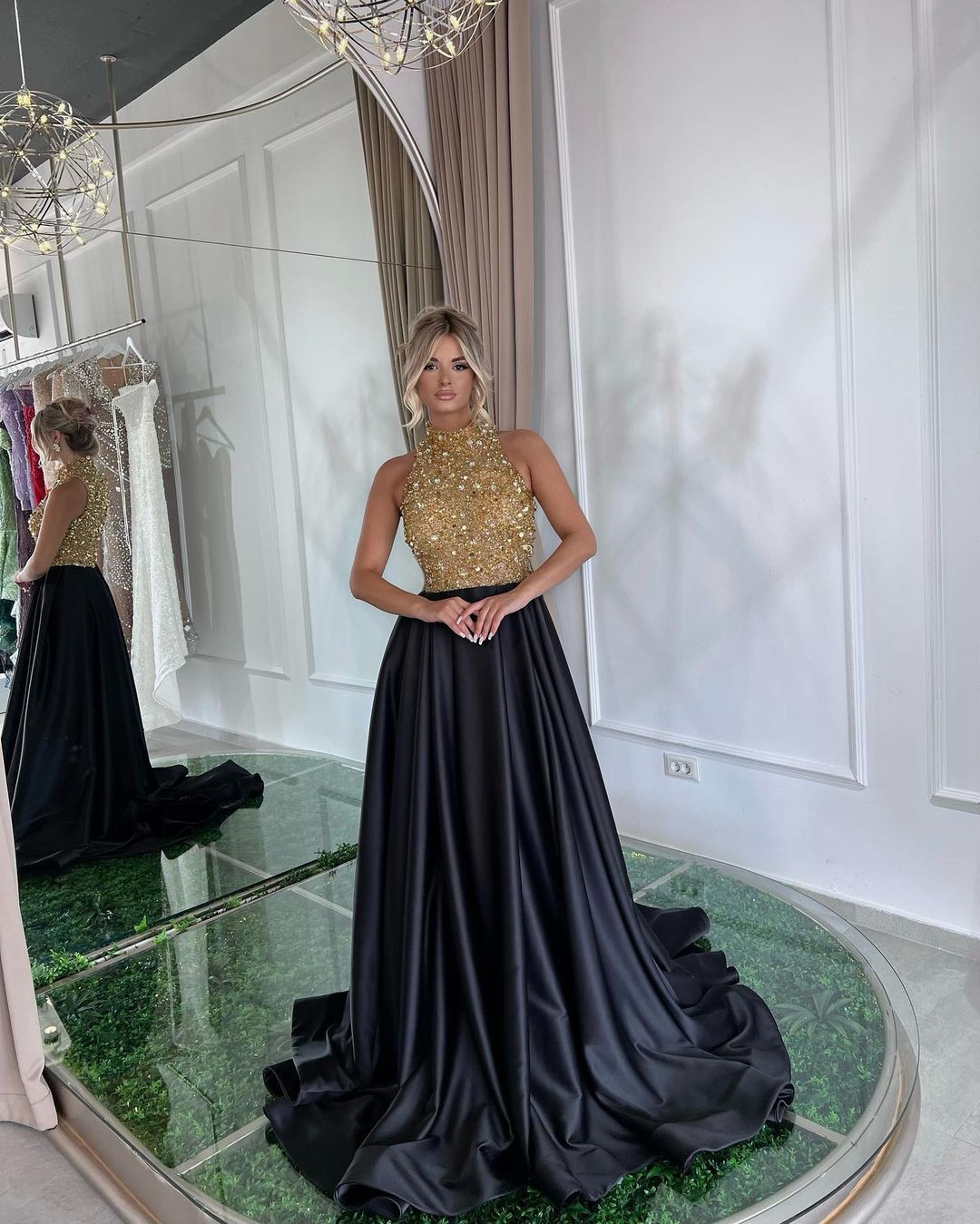 Elegant Black Prom Dress Gold Sequins Long Sleeveless Halter YL0255