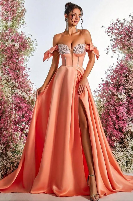 Elegant Coral Satin Strapless Off the Shoulder Long Split Prom Dress with Beadings | Zelldresses
