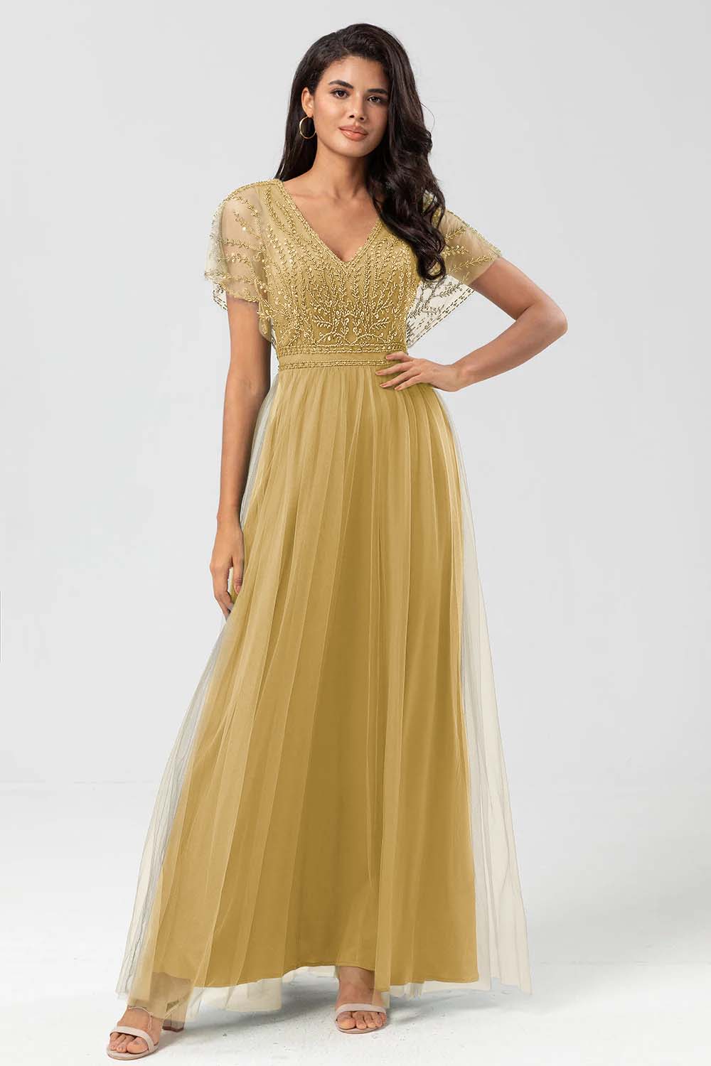 Green V Neck A Line Ankle Length Bridesmaid Dress with Lace YU0058