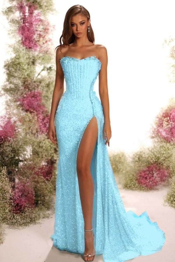 Strapless Sleeveless Long Split Prom Dress With Pleated Sequins ZT0541