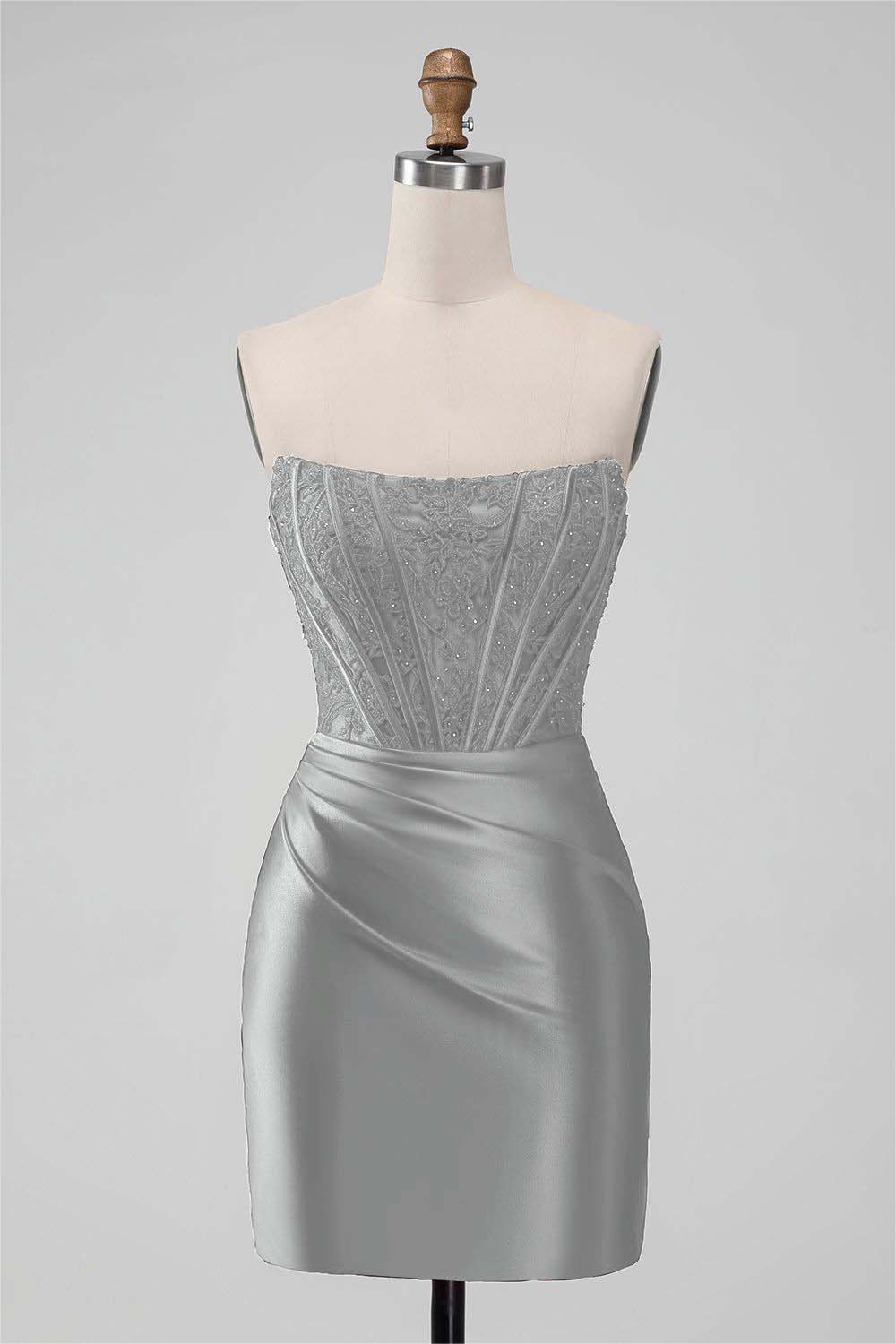 Red Satin Strapless Sleeveless Pleated Short Homecoming Dress with Embroidery HC0005