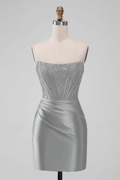 Red Satin Strapless Sleeveless Pleated Short Homecoming Dress with Embroidery HC0005