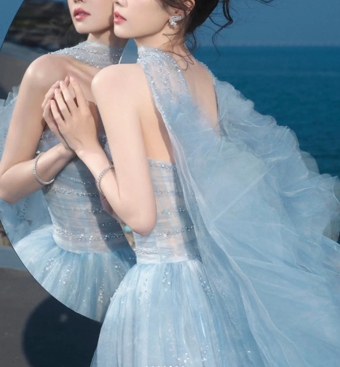 Gorgeous A Line Strapless Beaded Blue Tulle Long Party Dress Evening Dress SH2812