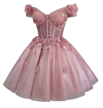 Pretty Off The Shoulder Tulle Appliques Homecoming Dress Pink Short Birthday Dress S681