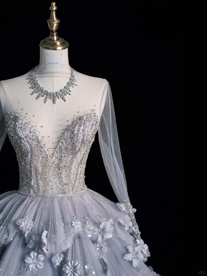 Unique A Line Long Sleeve Flower Tiered Tulle Long Party Dress Evening Dress Ball Gown SH2815