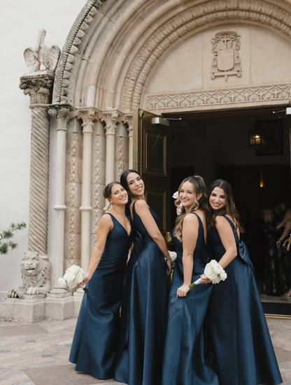 Navy Blue Mermaid V Neck Satin Long Bridesmaid Dress Evening Dress with Bow SH3272
