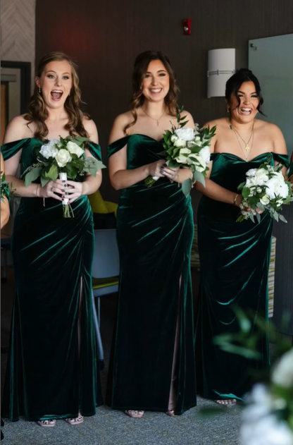Charming Mermaid Off the Shoulder Green Velvet Long Party Dress Bridesmaid Dress with Slit SH2790