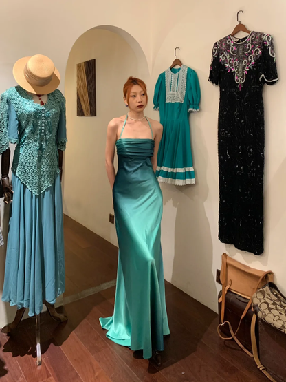 Simple A Line Halter Ombre Blue Satin Open Back Prom Dress Evening Dress SH2974