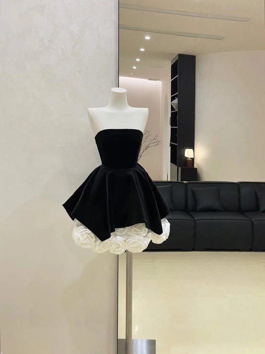 A Line Strapless Flower White Satin Black Velvet Short Homecoming Dress Cocktail Dress SH3119