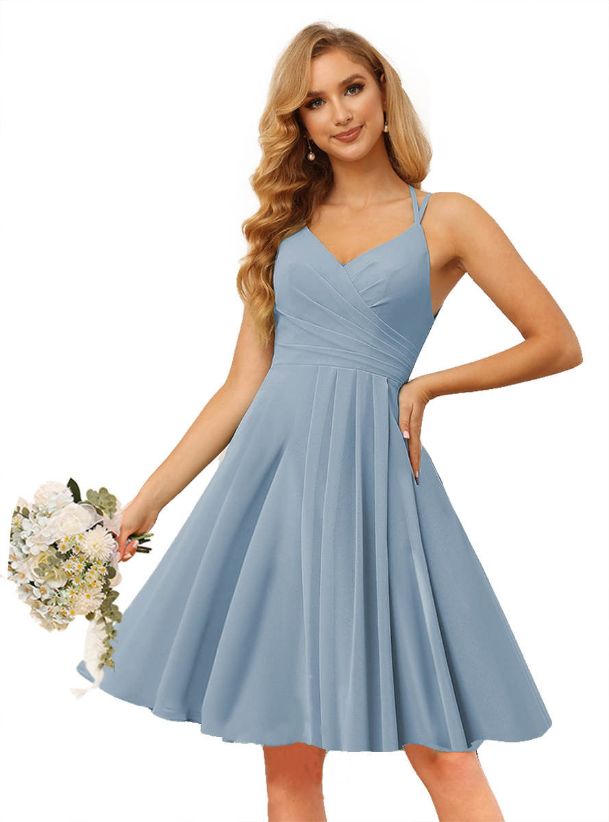 Simple Sage Green Chiffon Spaghetti Strap Sleeveless Pleated Short Bridesmaid Dress RS085