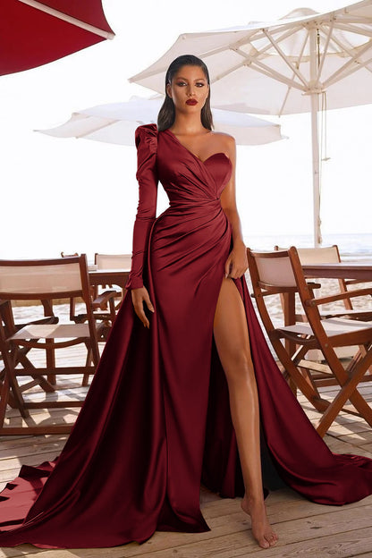 One Shoulder Long Sleeves Prom Dres With Split PD0105